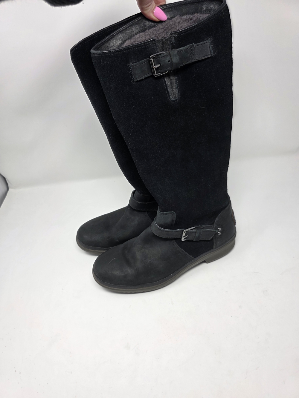 UGG Women’s Tall Waterproof Moto Boots Black Leather Suede Buckle Size 8